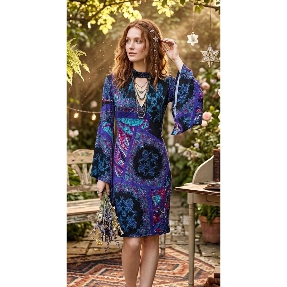 Venus M Dark Paisley Boho Romantic Bell Sleeve Ruched Faux Wrap Mock Neck Dress